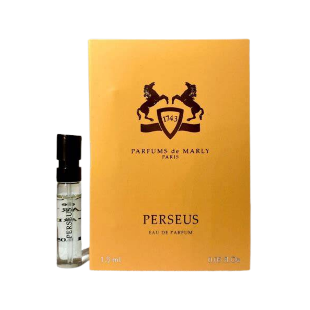 Parfums de Marly Perseus Eau de Parfum, 1.5ml, clear glass vial with black cap, in an orange box.
