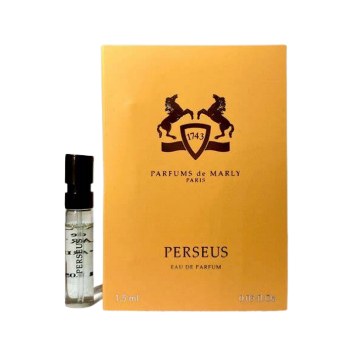 Parfums de Marly Perseus Eau de Parfum, 1.5ml, clear glass vial with black cap, in an orange box.
