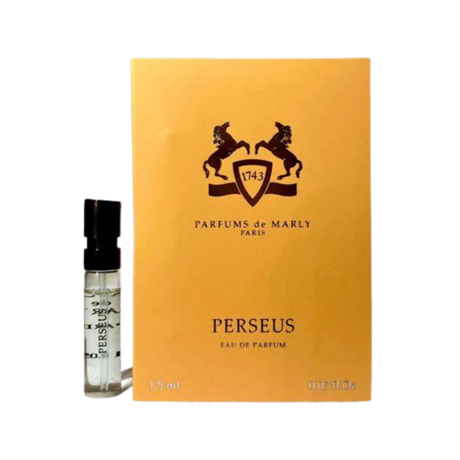 Parfums de Marly Perseus Eau de Parfum, 1.5ml, clear glass vial with black cap, in an orange box.
