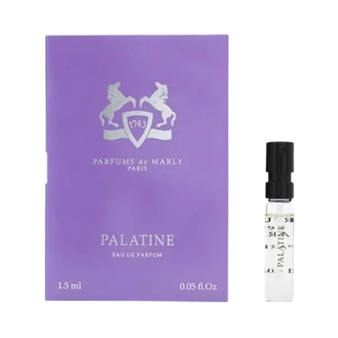 Parfums de Marly Dalaini Eau de Parfum, 1.5ml, clear glass vial with black cap, in a purple box.
