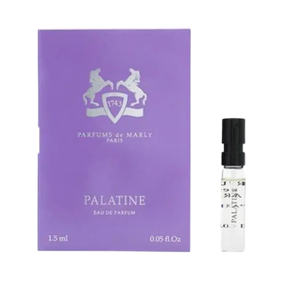 Parfums de Marly Dalaini Eau de Parfum, 1.5ml, clear glass vial with black cap, in a purple box.
