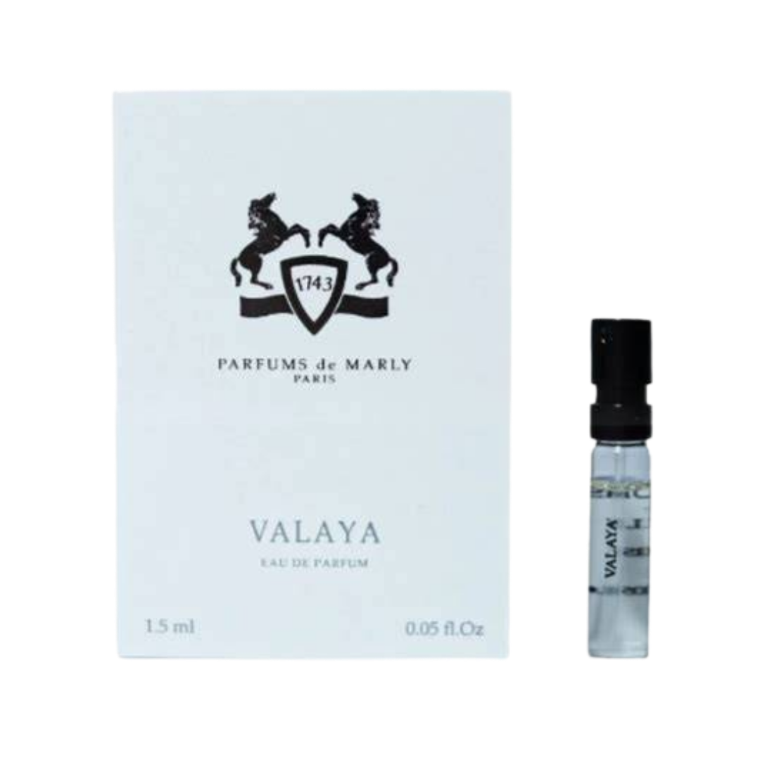 Parfums de Marly Valaya Eau de Parfum, 1.5ml, clear glass vial with black cap, in a white box.
