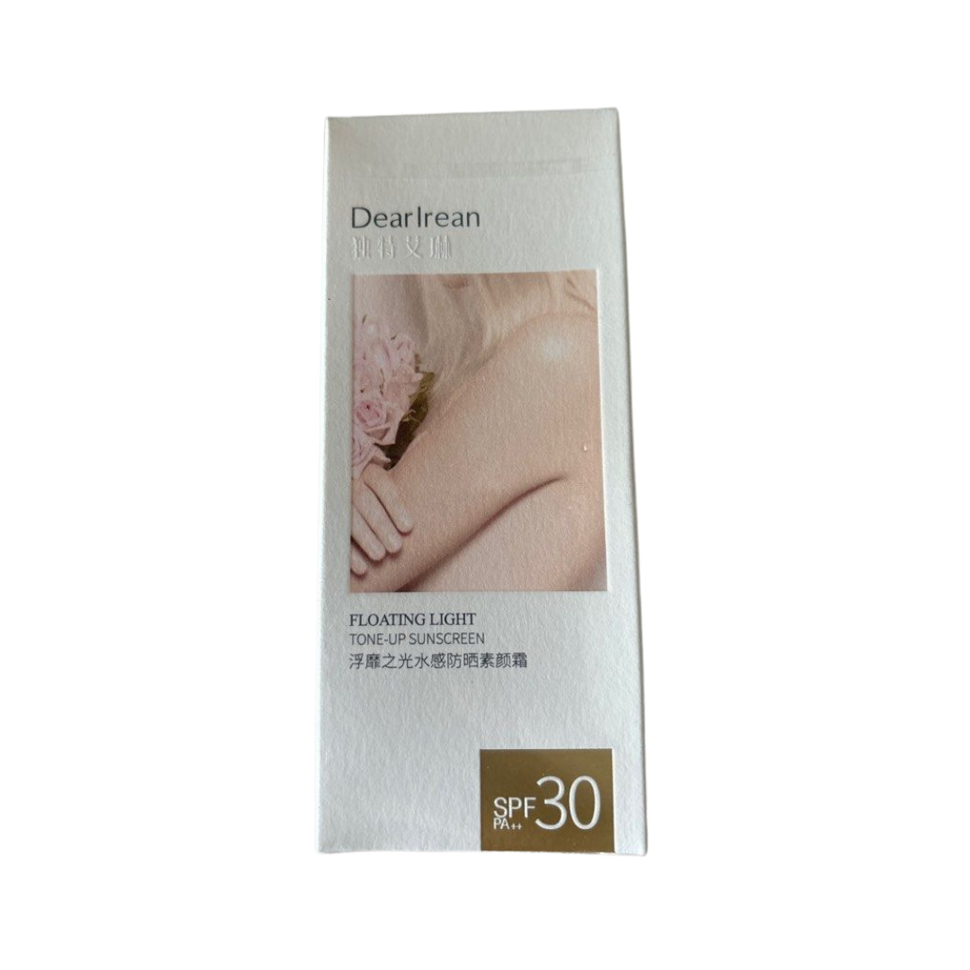 DearIrean Floating Light Tone-Up Sunscreen, SPF 30, white packaging with gold details, provides sun protection and skin tone enhancement.
