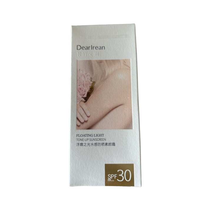 DearIrean Floating Light Tone-Up Sunscreen, SPF 30, white packaging with gold details, provides sun protection and skin tone enhancement.
