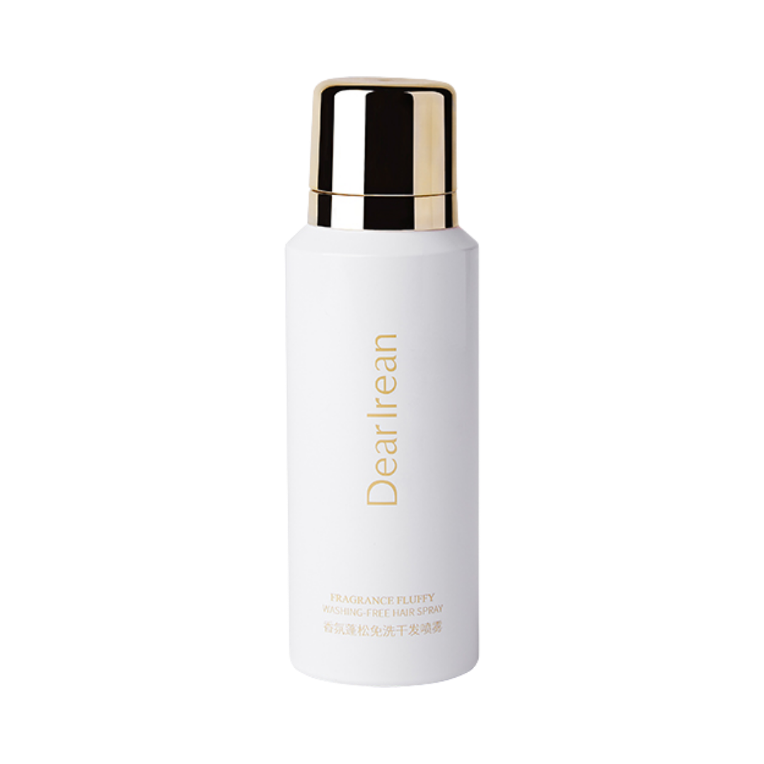 DearIrean Fragrance Fluffy Washing-Free Hair Spray, white packaging with gold details, for hair styling without washing.
