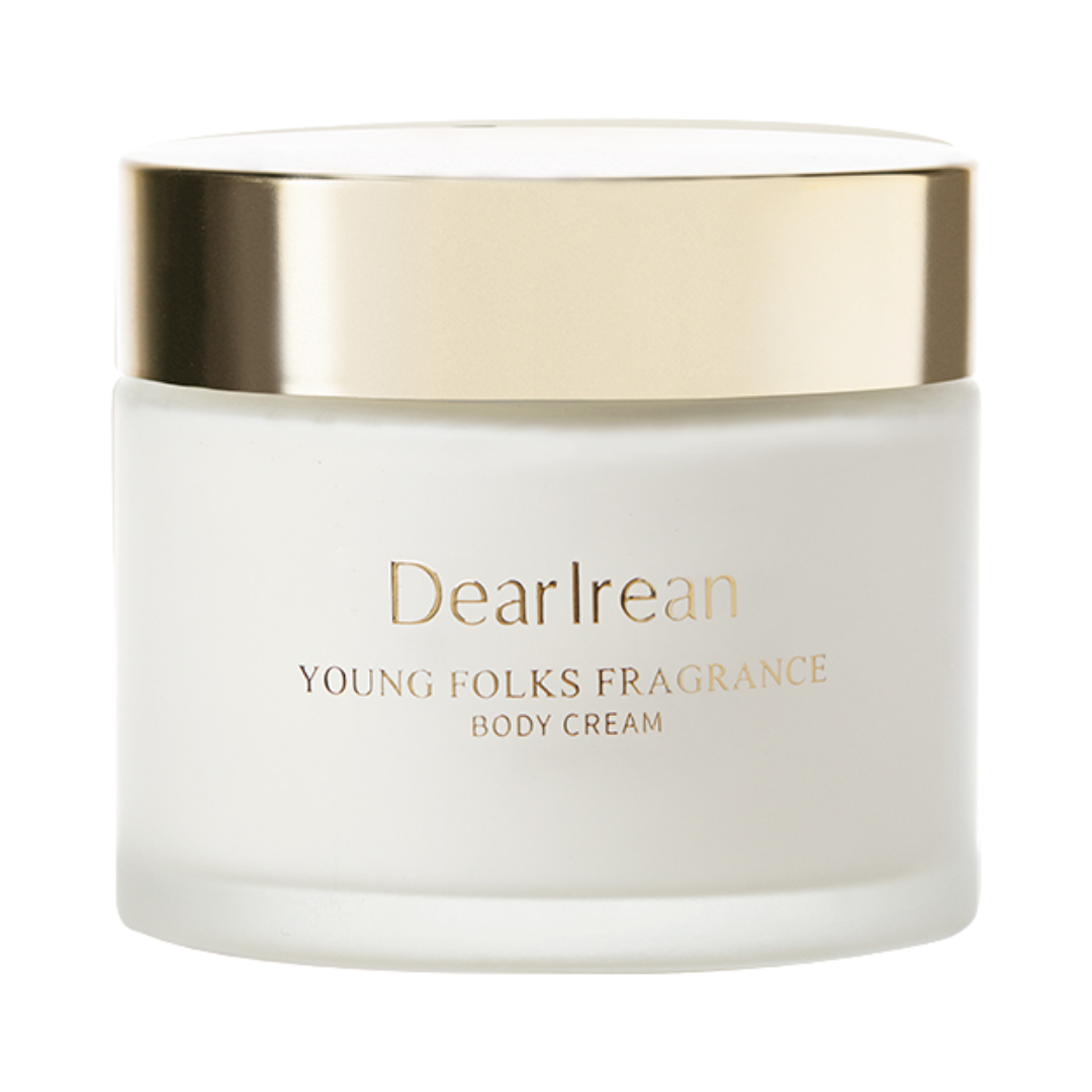 Dearreian Young Folks Fragrance Body Cream, white jar with gold lid, for moisturizing and fragrance.
