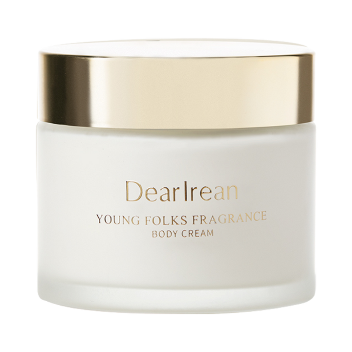 Dearreian Young Folks Fragrance Body Cream, white jar with gold lid, for moisturizing and fragrance.
