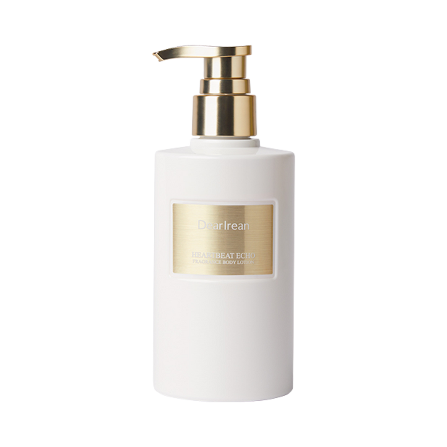 Dearreian Heartbeat Echo Fragrance Body Lotion, white bottle with gold pump, for moisturizing and fragrance.

