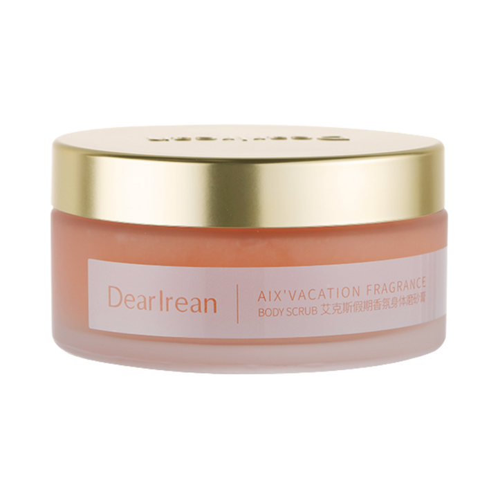 DearIrean Aix'Vacation Fragrance Body Scrub, pink jar with gold lid, for exfoliating and fragrant skin care.
