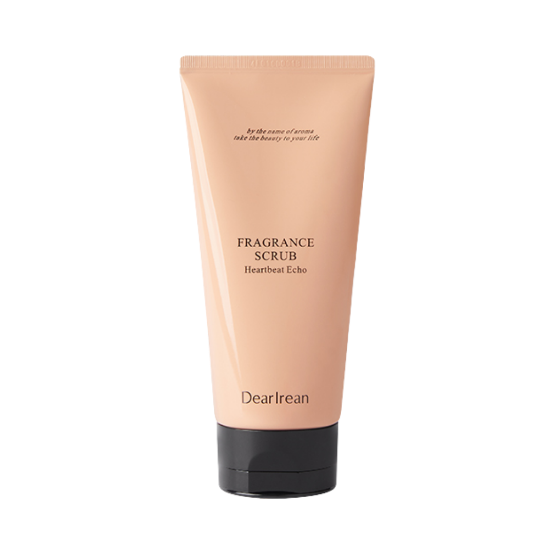 Dearreian Fragrance Scrub Heartbeat Echo, peach-colored tube with black cap, for exfoliation and fragrance.
