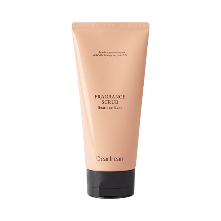 Dearreian Fragrance Scrub Heartbeat Echo, peach-colored tube with black cap, for exfoliation and fragrance.
