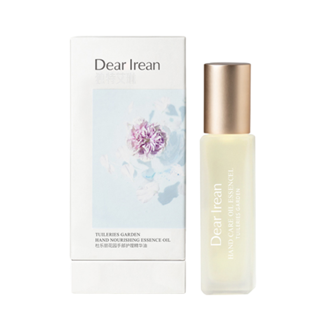 DearIrean Tuileries Garden Hand Nourishing Essence Oil, with floral fragrance, in a transparent bottle with gold cap, 30ml.

