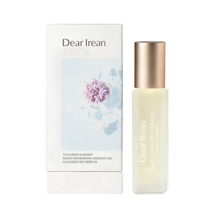 DearIrean Tuileries Garden Hand Nourishing Essence Oil, with floral fragrance, in a transparent bottle with gold cap, 30ml.
