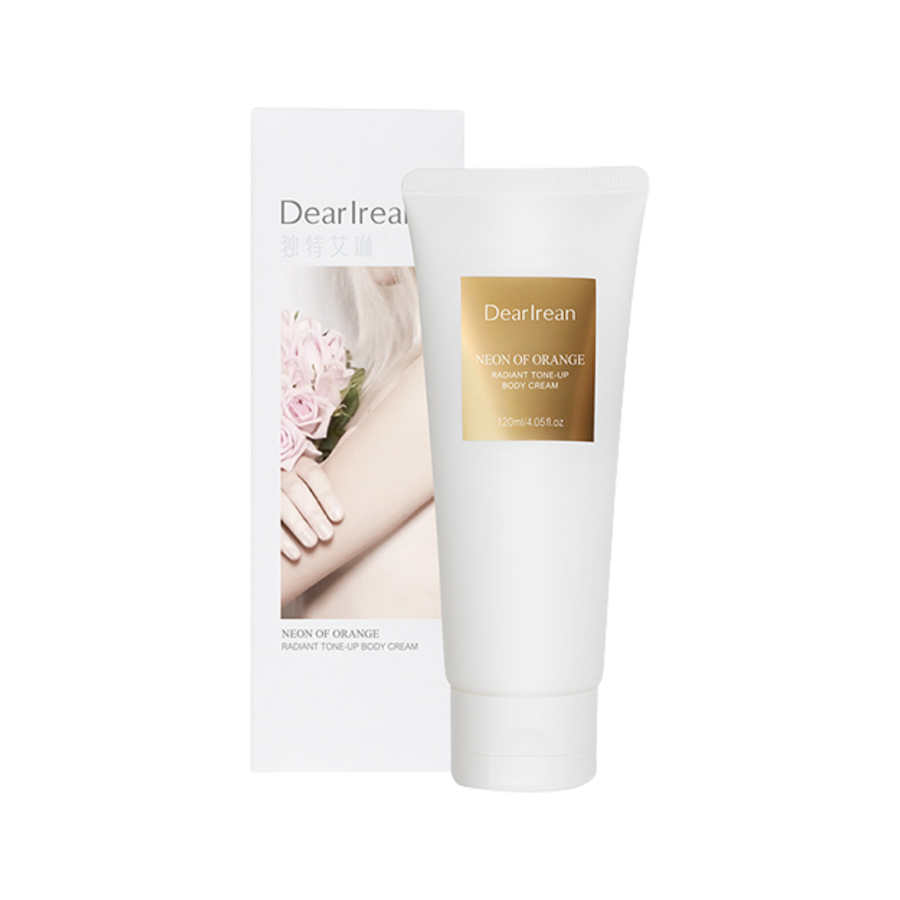 DearIrean Neon of Orange Radiant Tone-Up Body Cream, 120ml, white tube with gold accents, smooth moisturizing formula.
