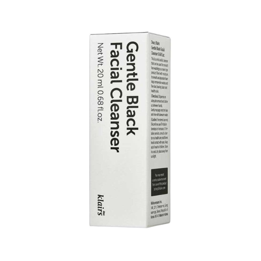 Klairs Gentle Black Facial Cleanser, white 20ml box with black text and ingredient details
