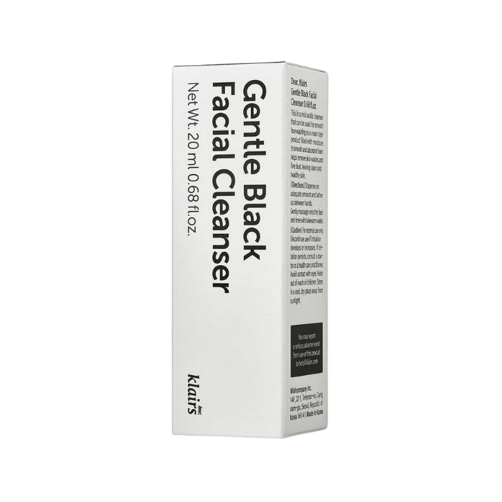 Klairs Gentle Black Facial Cleanser, white 20ml box with black text and ingredient details