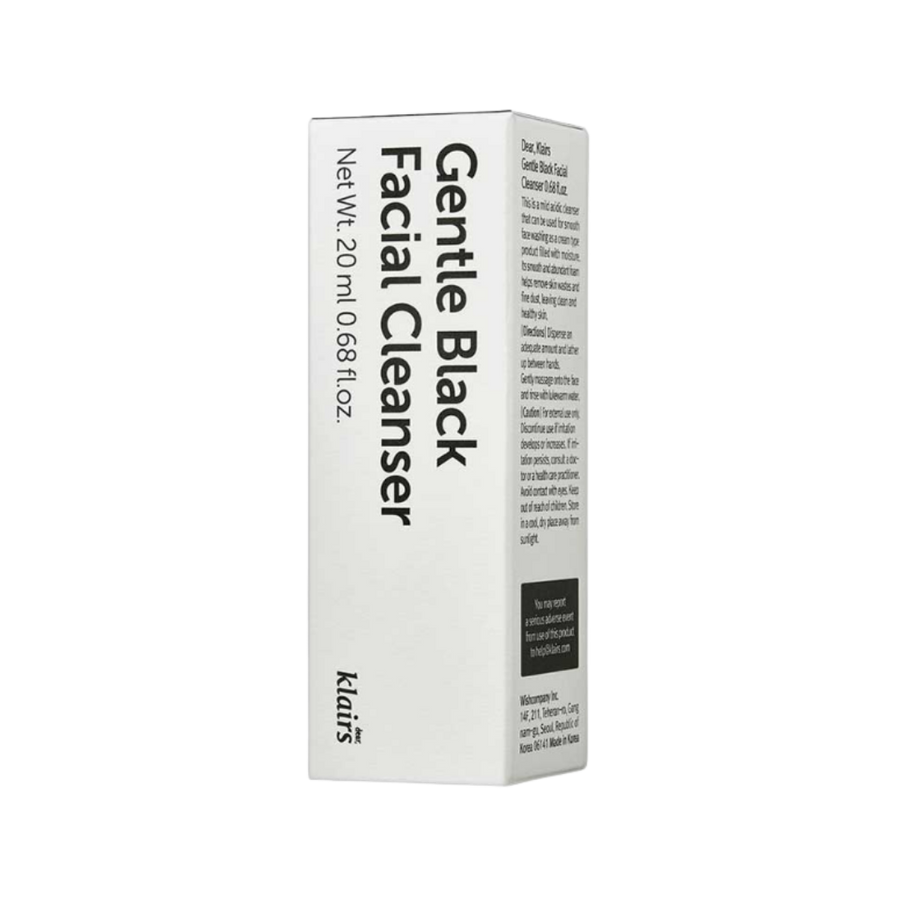 Klairs Gentle Black Facial Cleanser, white 20ml box with black text and ingredient details