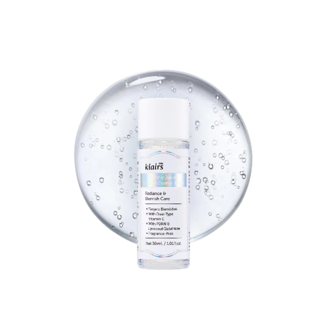 Klairs Freshly Juiced Vitamin Essence Toner, clear 30ml bottle with blue label and water bubbles