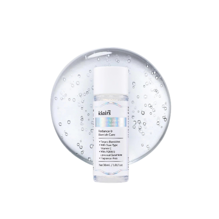 Klairs Freshly Juiced Vitamin Essence Toner, clear 30ml bottle with blue label and water bubbles