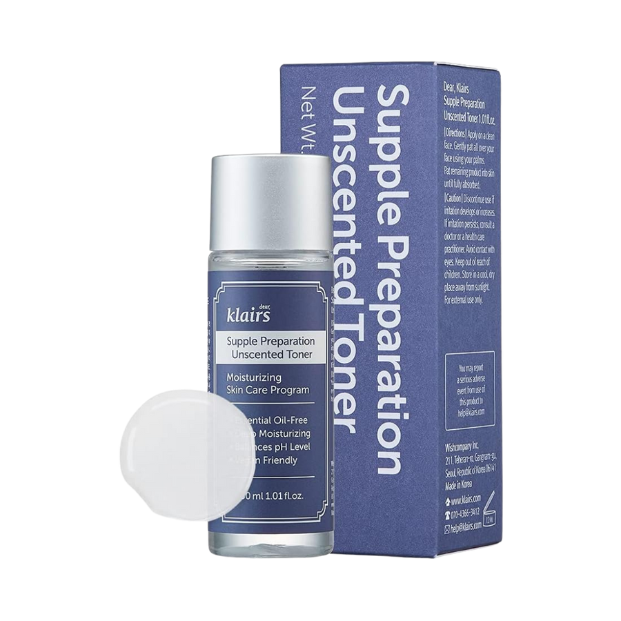 Dear Klairs Supple Preparation Unscented Toner 30ml bottle with blue box and silver cap