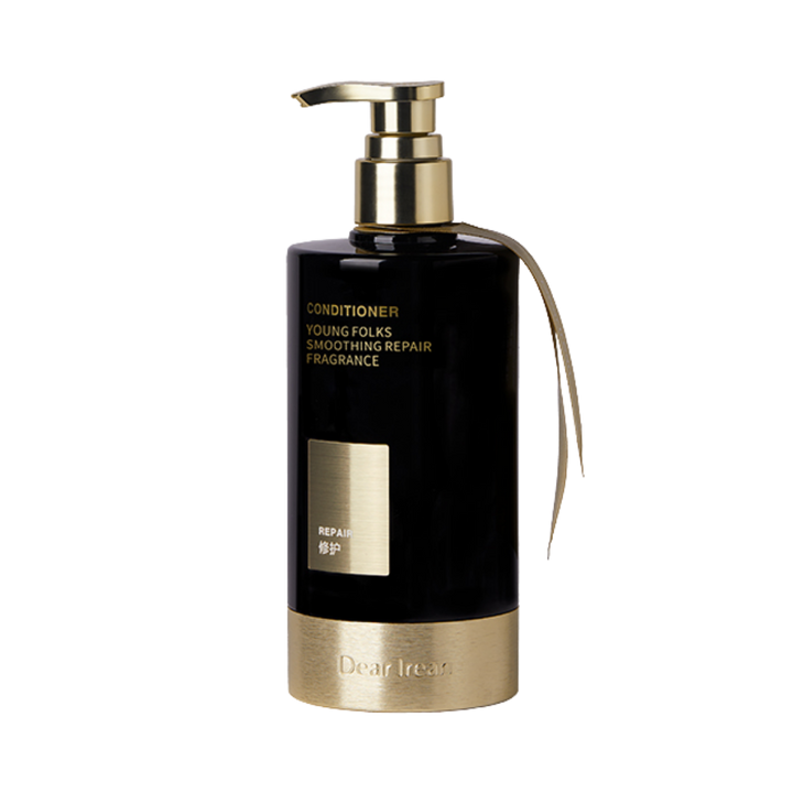 Dearreian Young Folks Smoothing Repair Conditioner, black bottle with gold accents, pump dispenser, for hair repair and fragrance.
