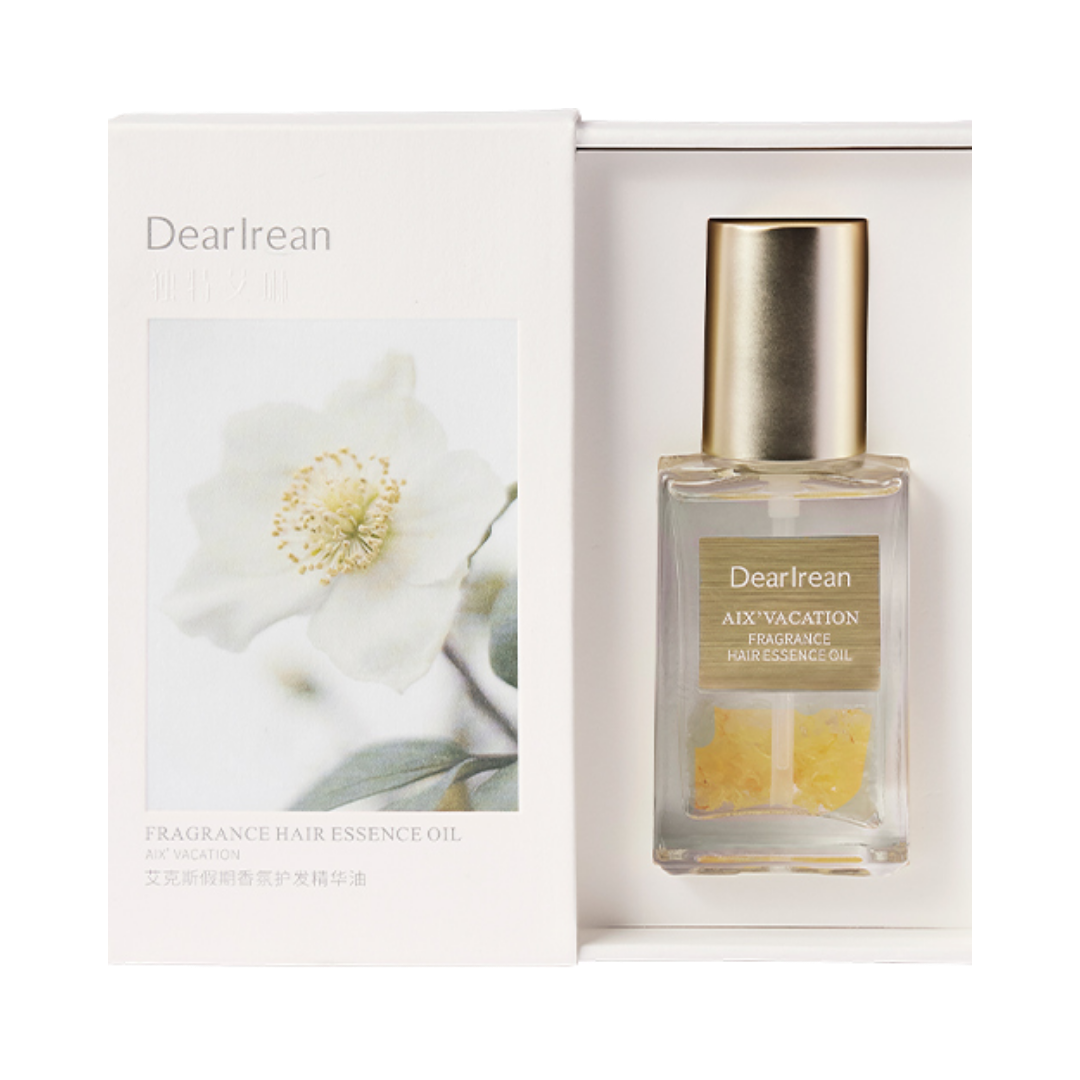 Dearreian AIX Vacation Fragrance Hair Essence Oil, clear bottle with gold cap, floral packaging, for hair nourishment and fragrance.
