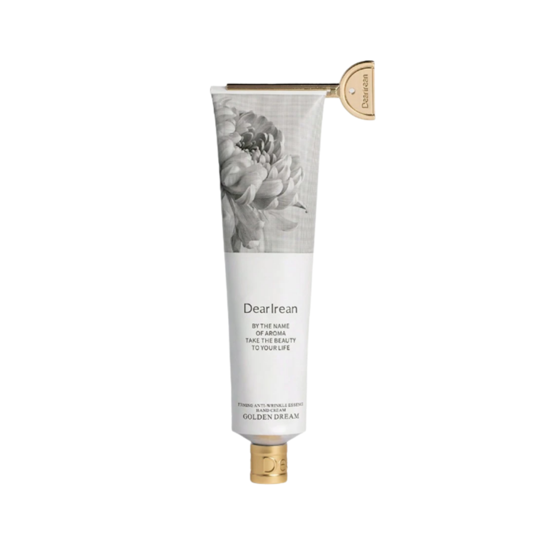 Dearreian Golden Dream Anti-Wrinkle Essence, white tube with floral design, gold cap, for skincare.
