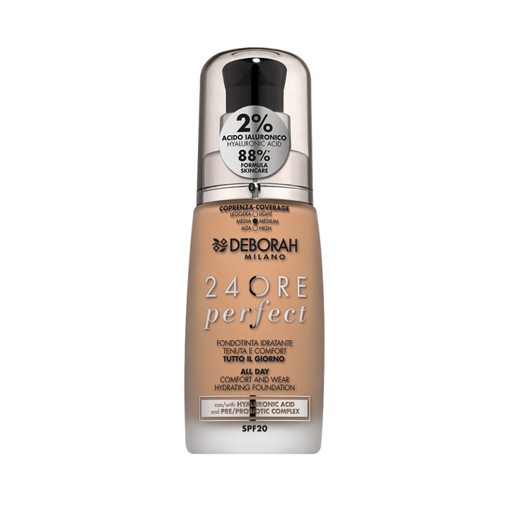 DEBORAH Milano 24 Ore Perfect Hydrating Foundation, SPF 20, with hyaluronic acid, medium coverage, in a pump bottle.