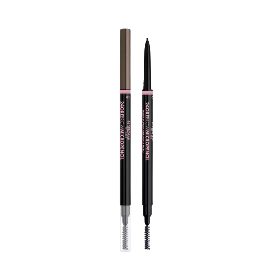 DEBORAH Milano 24ORE Brow Micro Pencil, dual-ended eyebrow pencil with spoolie brush, black packaging.
