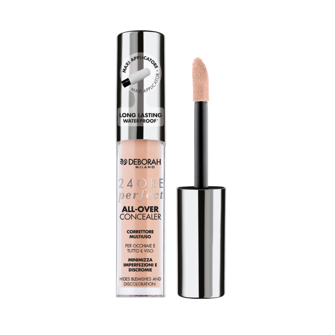 DEBORAH Milano 24ORE Perfect all-over concealer, liquid concealer with doe-foot applicator, clear tube and silver cap.
