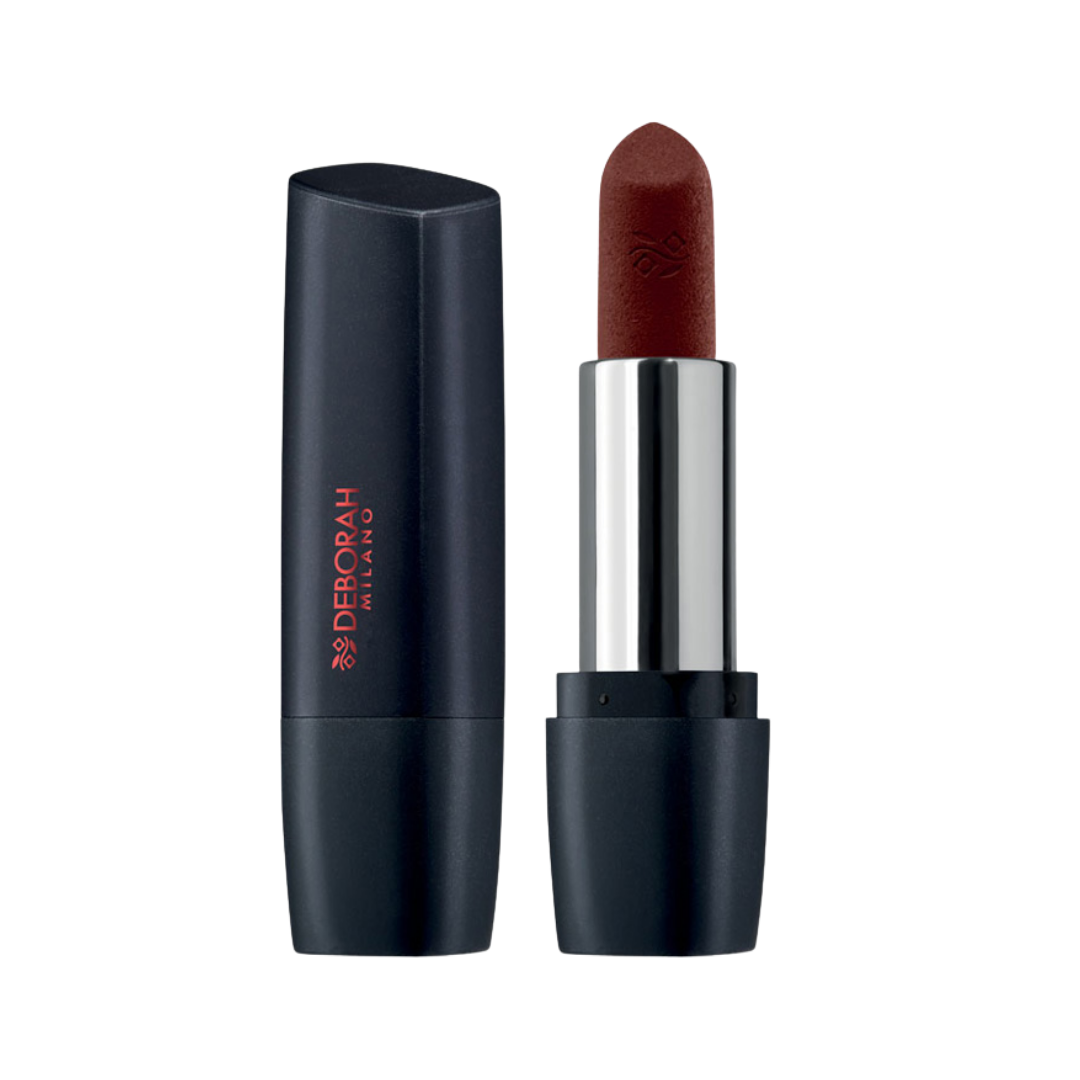 DEBORAH Milano lipstick in dark brown shade, matte bullet, black rectangular tube with silver inner casing.
