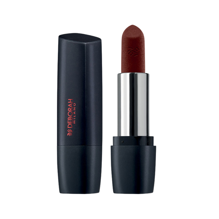 DEBORAH Milano lipstick in dark brown shade, matte bullet, black rectangular tube with silver inner casing.
