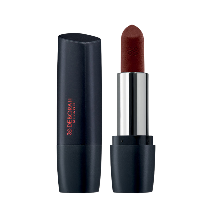 DEBORAH Milano lipstick in dark brown shade, matte bullet, black rectangular tube with silver inner casing.
