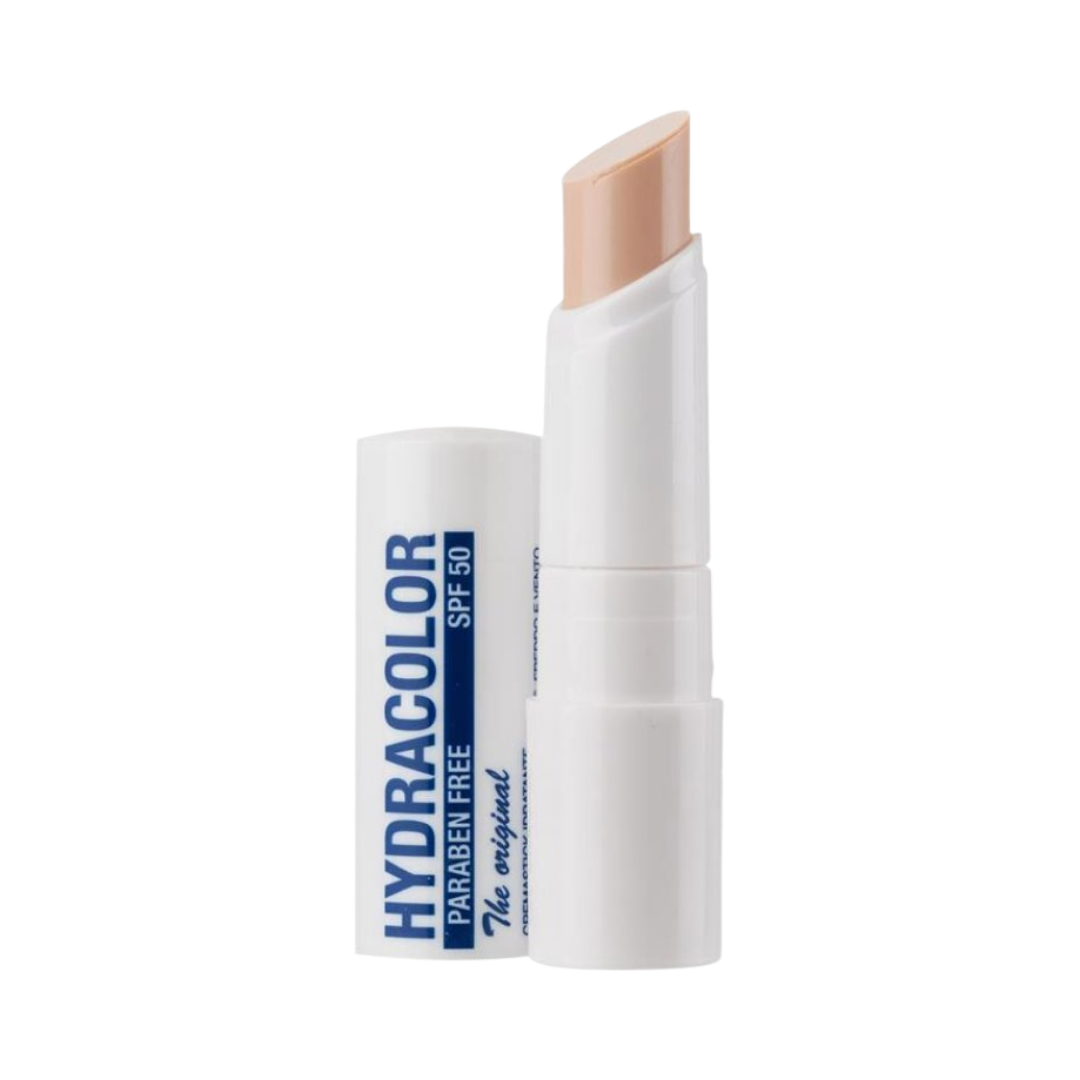 HYDRACOLOR SPF 50 lip balm, paraben-free, in white tube with blue text, with a beige-colored stick.