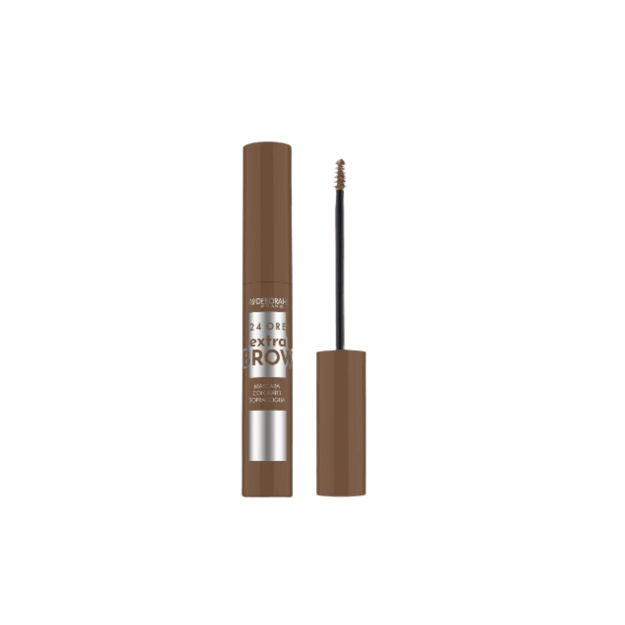 Deborah Milano 24 Ore Extra Brow mascara, brown tube with open spoolie applicator