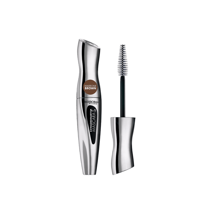 Deborah Milano Extraordinary 5 in 1 brown mascara, silver tube with open spoolie wand