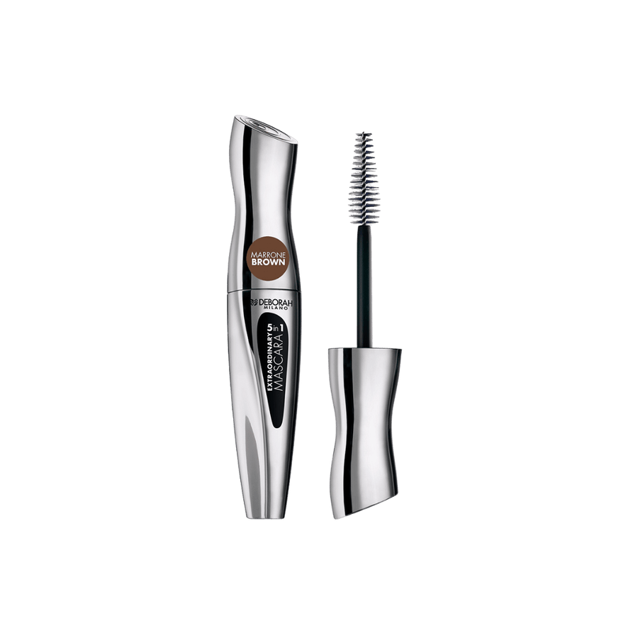 Deborah Milano Extraordinary 5 in 1 brown mascara, silver tube with open spoolie wand