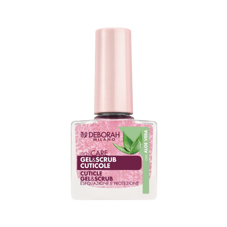 Deborah Milano Cuticle Gel and Scrub 8.5ml bottle with pink cap, aloe label, and scrub texture