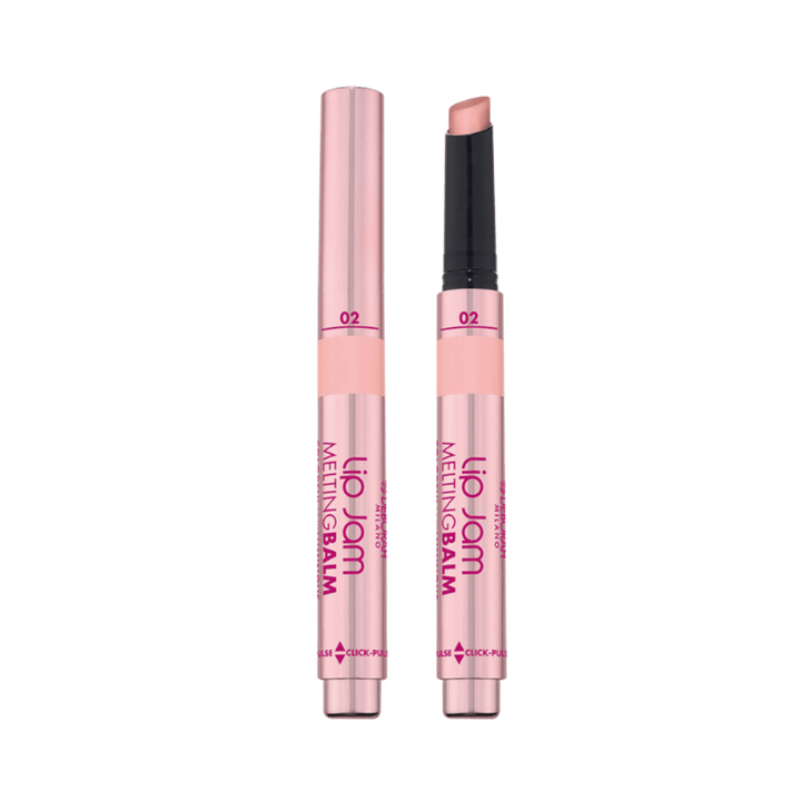 Lip Jam Melting Balm shade 02, pink click pen lip balm with nude pink bullet