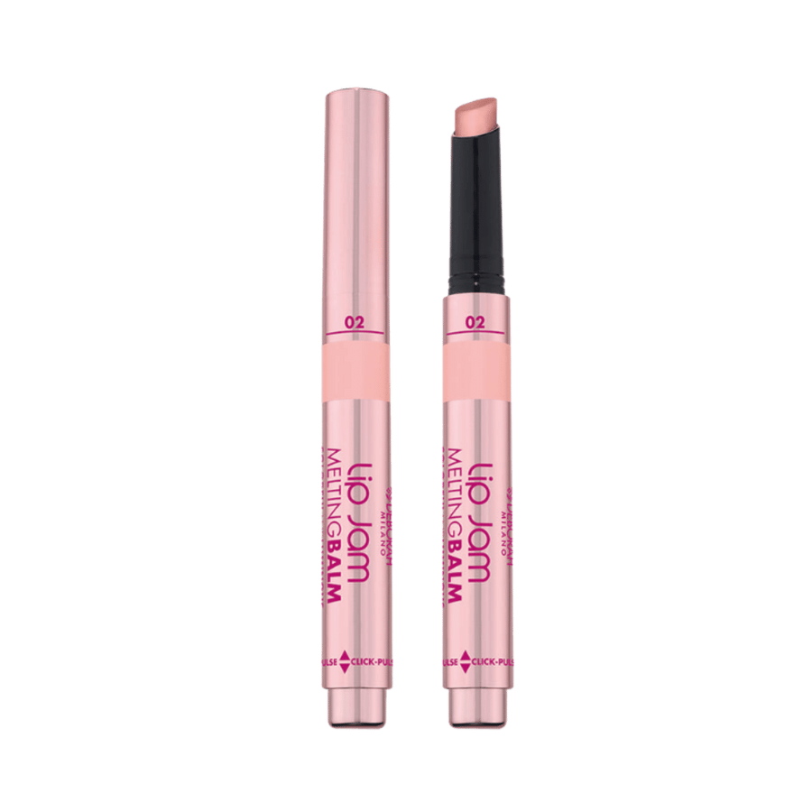 Lip Jam Melting Balm shade 02, pink click pen lip balm with nude pink bullet