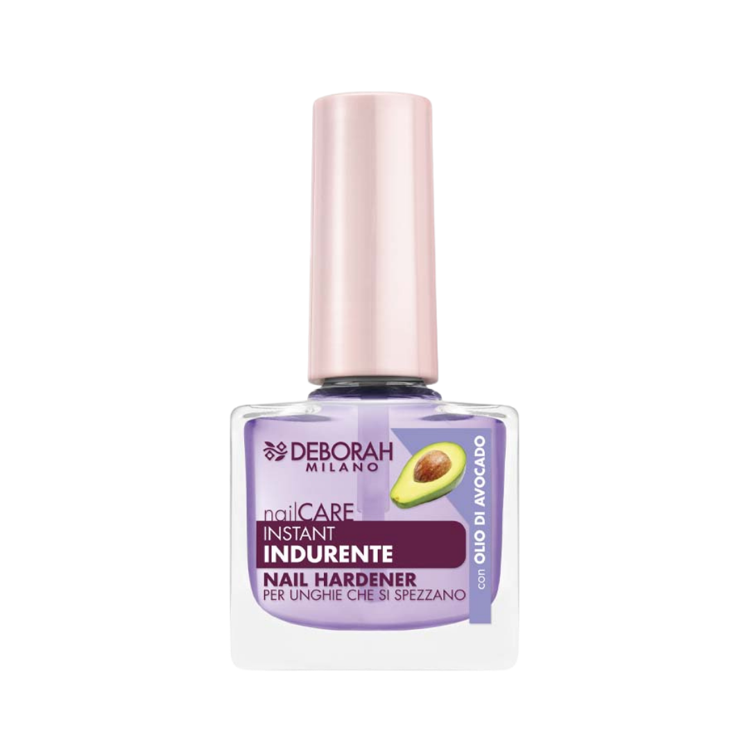 Deborah Milano nailCARE Instant Nail Hardener bottle with pink cap, lavender label and avocado graphic