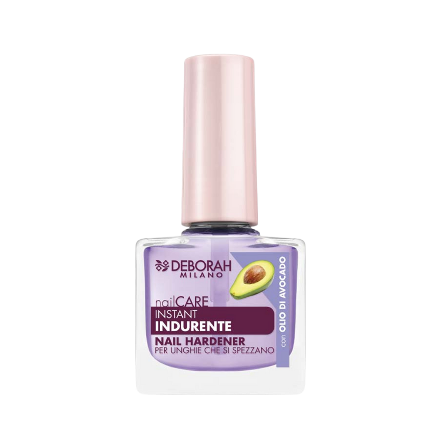 Deborah Milano nailCARE Instant Nail Hardener bottle with pink cap, lavender label and avocado graphic