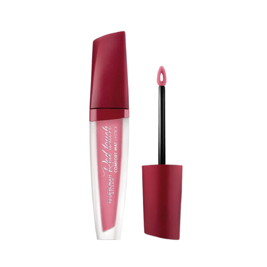 Deborah Milano Red Touch Comfort Mat Lipstick 5ml with burgundy cap and pink liquid applicator