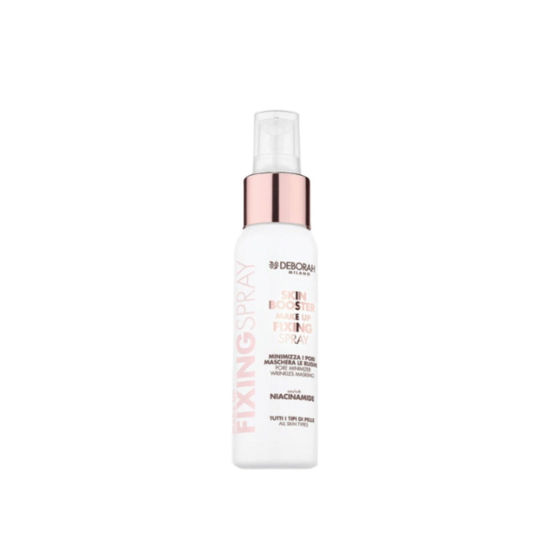 Deborah Milano Skin Booster makeup fixing spray, white 75ml bottle with rose gold pump and niacinamide