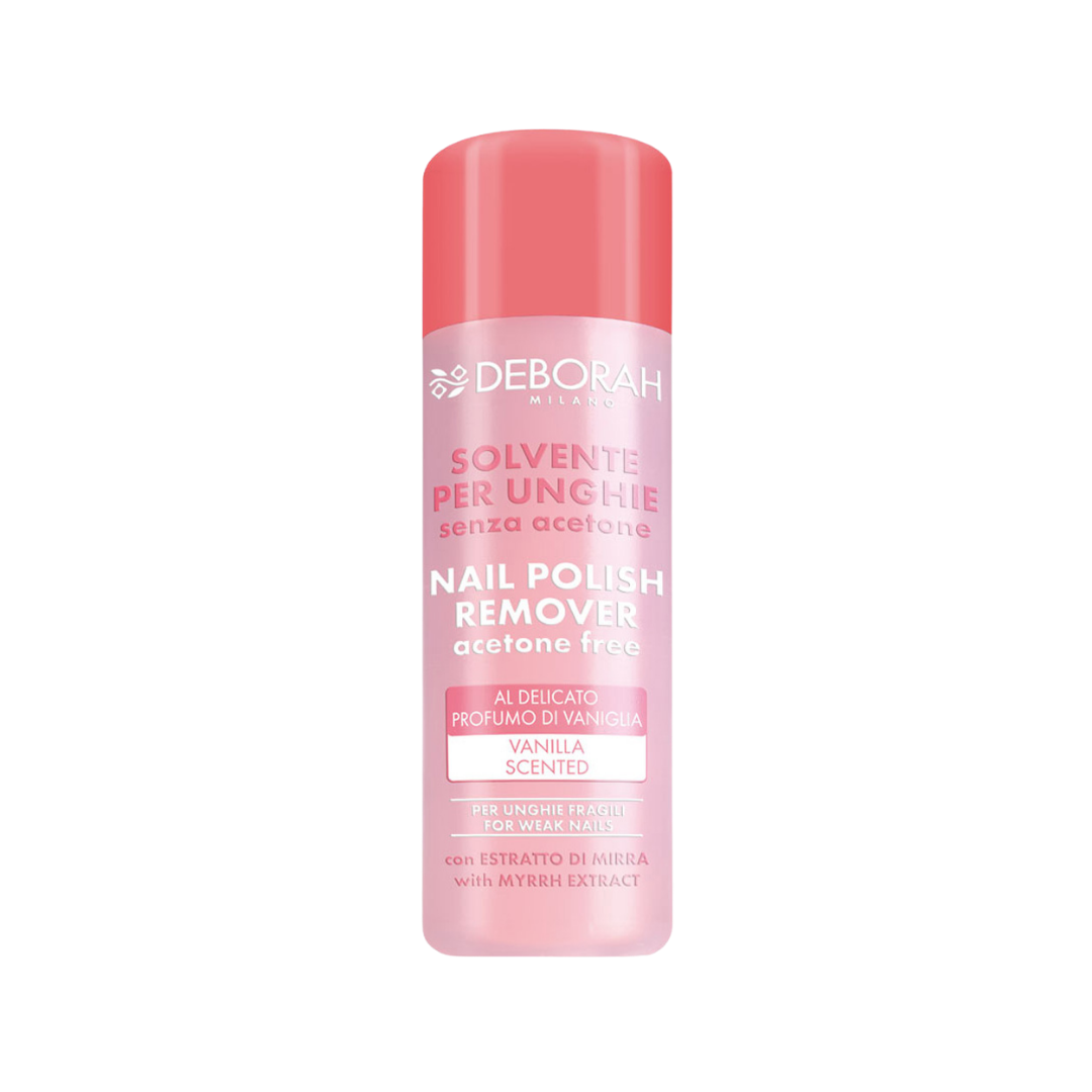 DEBORAH Milano Nail Polish Remover, acetone-free, vanilla scented, with myrrh extract, pink packaging.