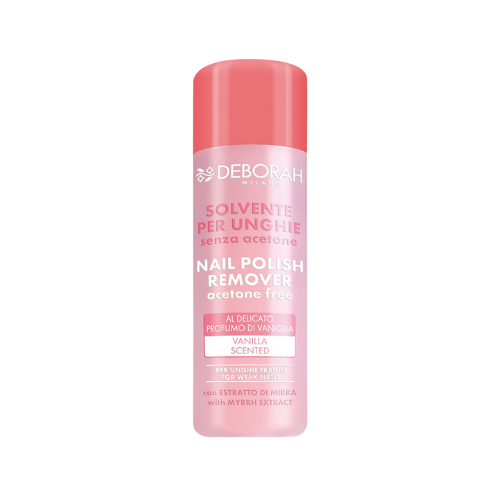 DEBORAH Milano Nail Polish Remover, acetone-free, vanilla scented, with myrrh extract, pink packaging.