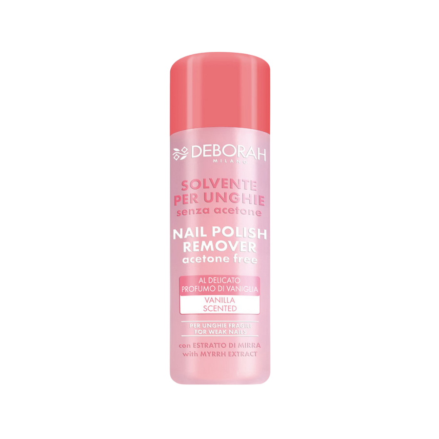 DEBORAH Milano Nail Polish Remover, acetone-free, vanilla scented, with myrrh extract, pink packaging.