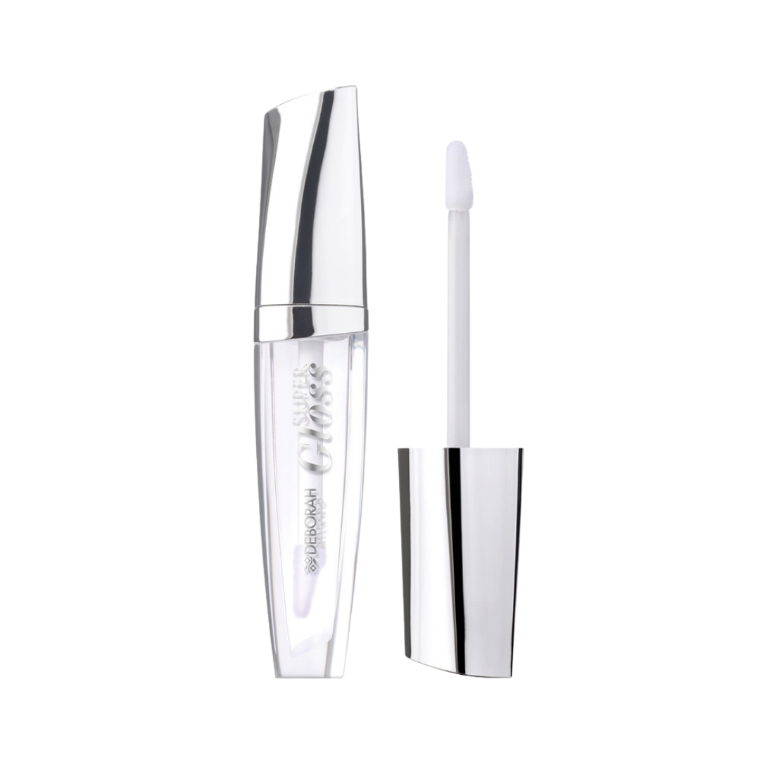 DEBORAH Milano clear lip gloss with applicator wand, transparent tube and silver cap packaging.
