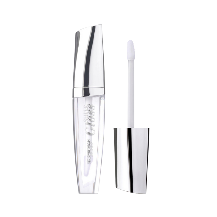 DEBORAH Milano clear lip gloss with applicator wand, transparent tube and silver cap packaging.
