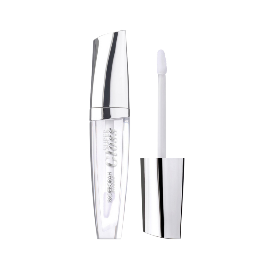 DEBORAH Milano clear lip gloss with applicator wand, transparent tube and silver cap packaging.
